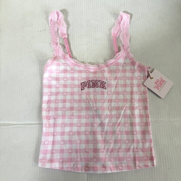 NWT PINK X LOVESHACKFANCY Gingham Check lace trimmed cotton camisole Extra Small - Picture 11 of 12